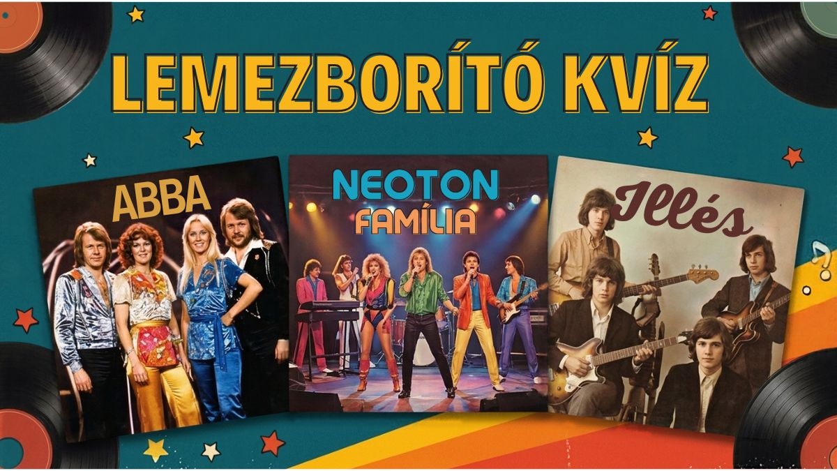 Lemezborító kvíz: az ABBA, a Neoton Família és az Illés képe bakelitlemezes, csillagos türkiz háttéren
