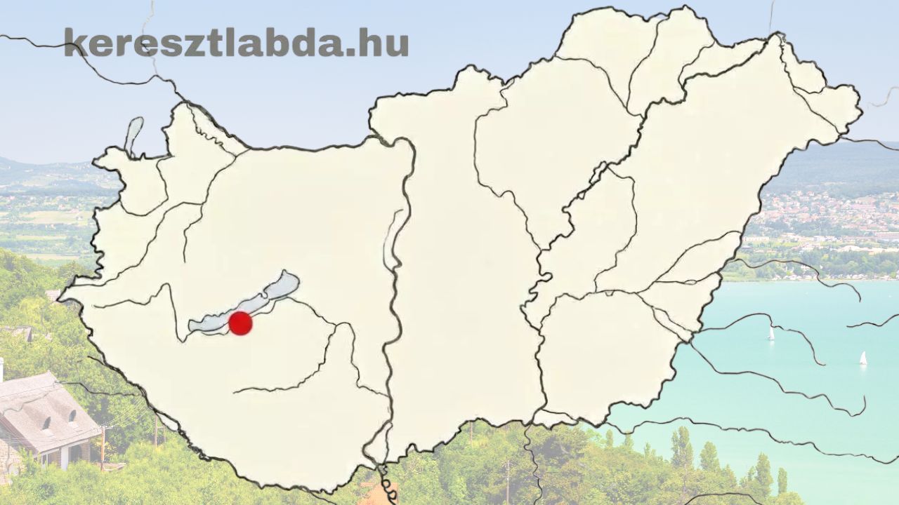 Balaton térképe egy megjelölt ponttal, három városnévvel a földrajz feladathoz