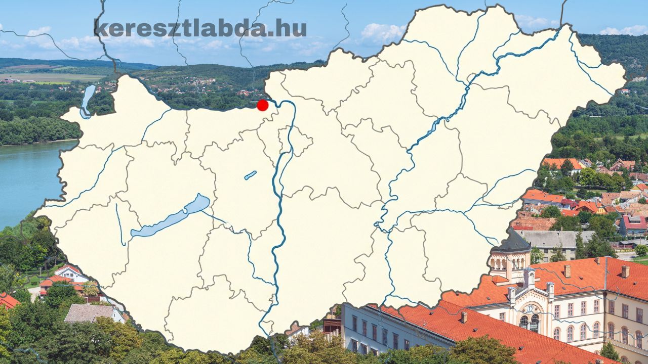 földrajz feladat Magyarország vaktérképe a folyókkal, piros pont az északi Duna szakaszon, a háttérben folyóparti városkép vöröstetős házakkal