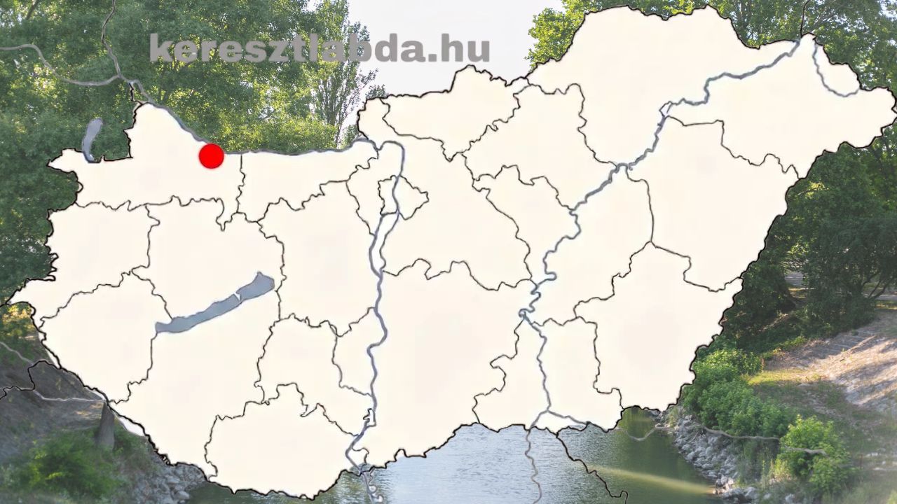 földrajz feladat: Magyarország vaktérképe egy piros ponttal, amely három dunántúli város egyikét jelöli