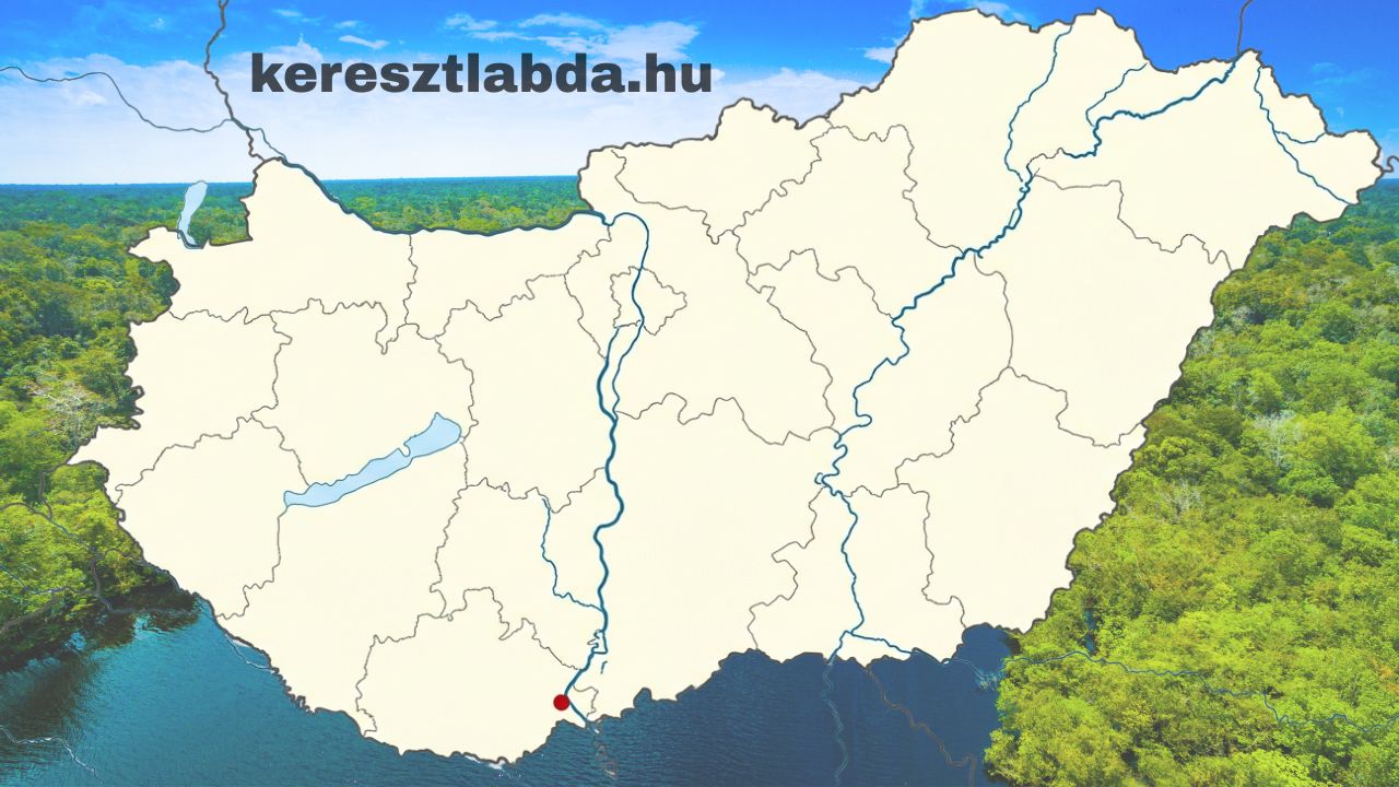Magyarország térképe a Dunával, a Balatonnal és megyehatárokkal, a déli országrészben egy piros ponttal, amely egy város helyét jelöli, földrajz feladat