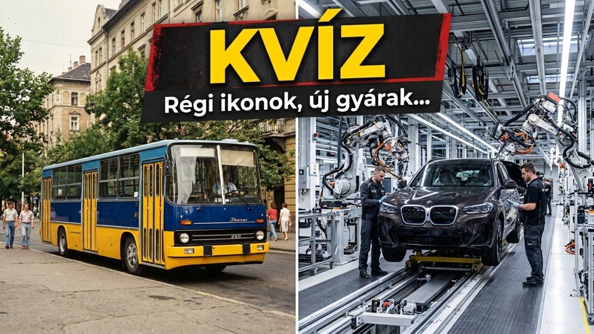 Autógyártó kvíz: kék sárga Ikarus busz és modern autógyári összeszerelősor robotkarokkal, Régi ikonok, új gyárak felirattal