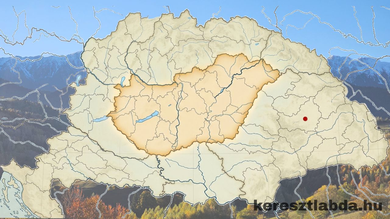 A történelmi Magyarország térképe megyehatárokkal, a mai ország narancssárgával kiemelve, egy piros ponttal jelölt várossal földrajz