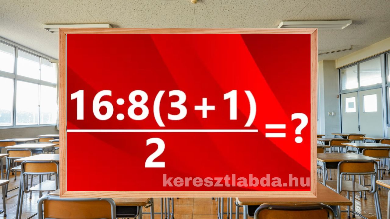 Piros hátterű matek feladatkép: tört, amelynek számlálójában 16 osztva 8 szorozva a zárójeles 3 plusz 1 áll, a nevezőben 2