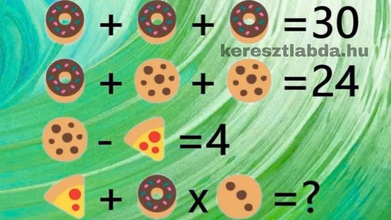 Képes matek rejtvény fánk, keksz és pizzaszelet jelekkel, négy sorban egy kérdőjellel