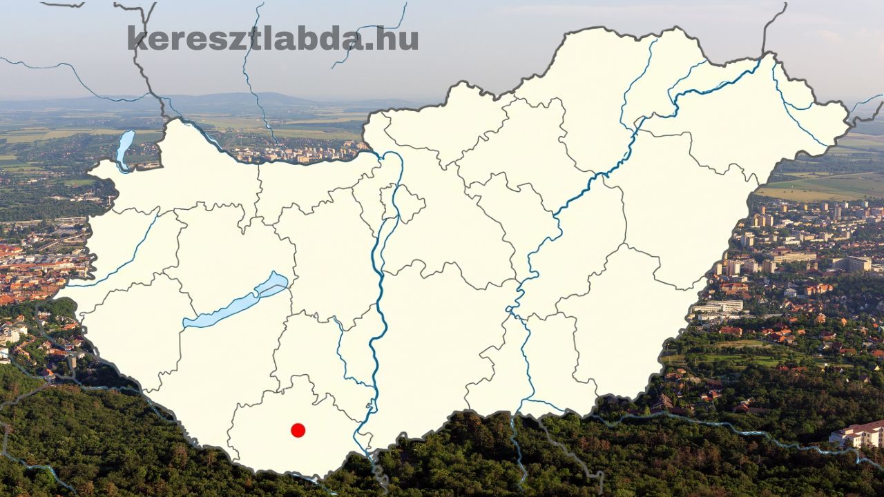 Magyarország vaktérképe megyehatárokkal és folyókkal, Baranya megyében piros pont jelöl egy várost földrajz feladat